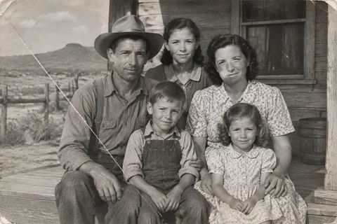 Before restoration: Creases on an American family photo