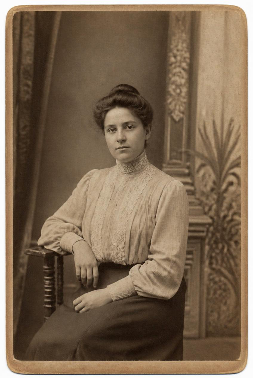 After restoration: An early-1900s portrait with its corner rebuilt